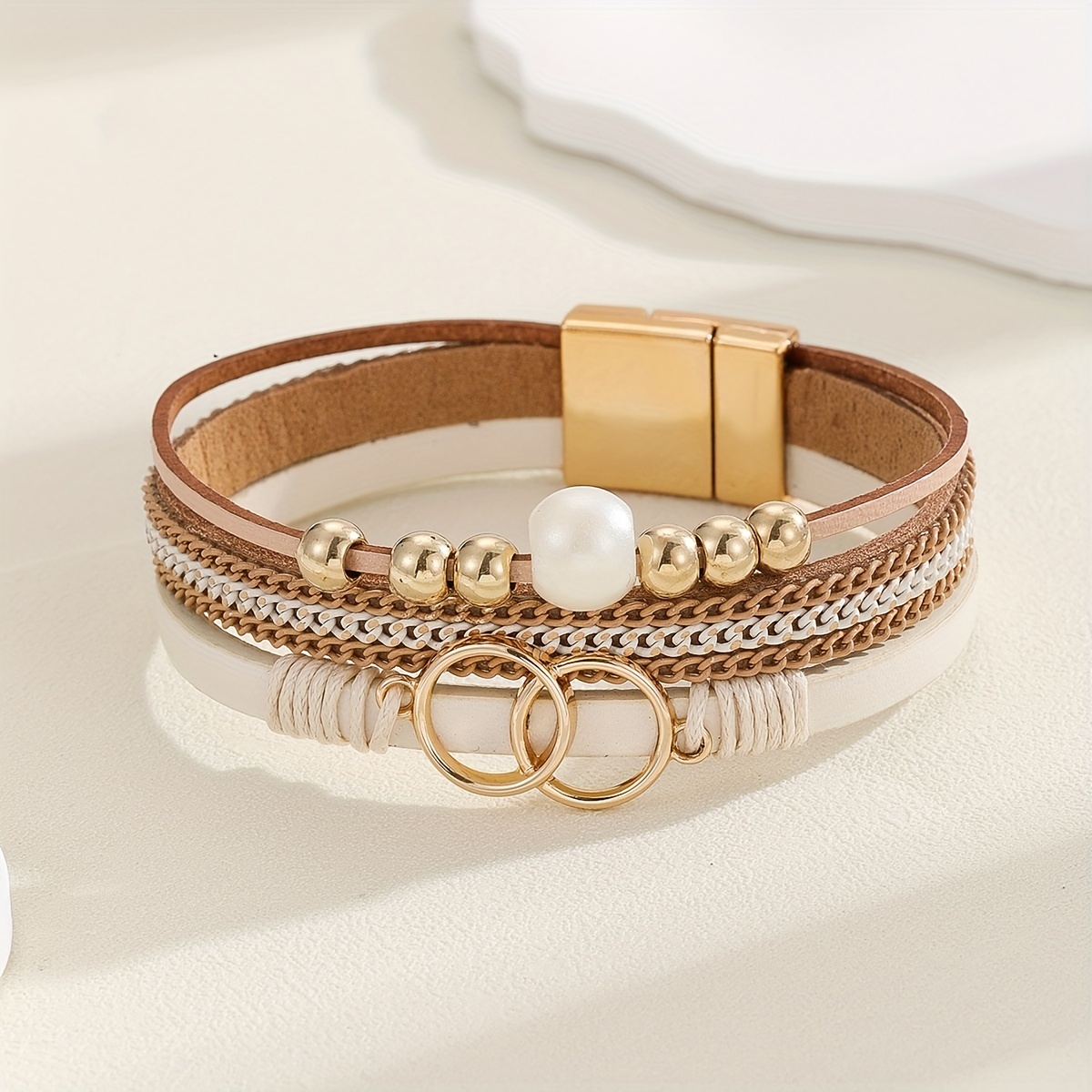 

1pc Multi-color Multi-layer Chain & Pu Leather Combination Bracelet For Girls For Daily Decoration
