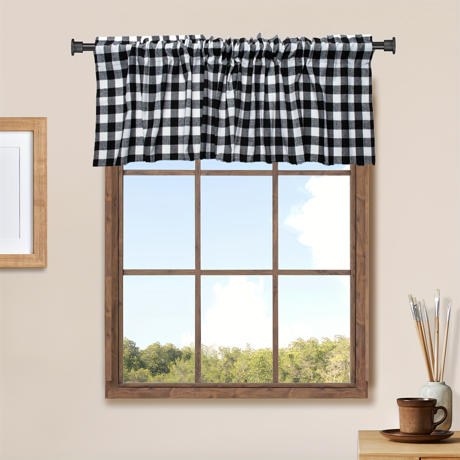  Cenefa de cortina para decoración de ventana, bolsillo para  barra, cortinas cortas con panel de calabaza de granja de otoño a cuadros  blancos y negros, cortinas de tratamiento de ventana para