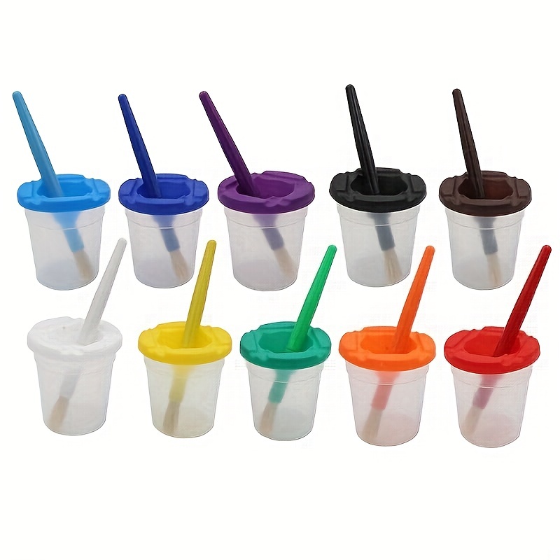 10 Pcs Paint Cups for Kid Paint Containers with Lids Plastic No Spill Paint  Cups for Kids Toddlers and 10 Pcs Matching Colored Painting Round Brush