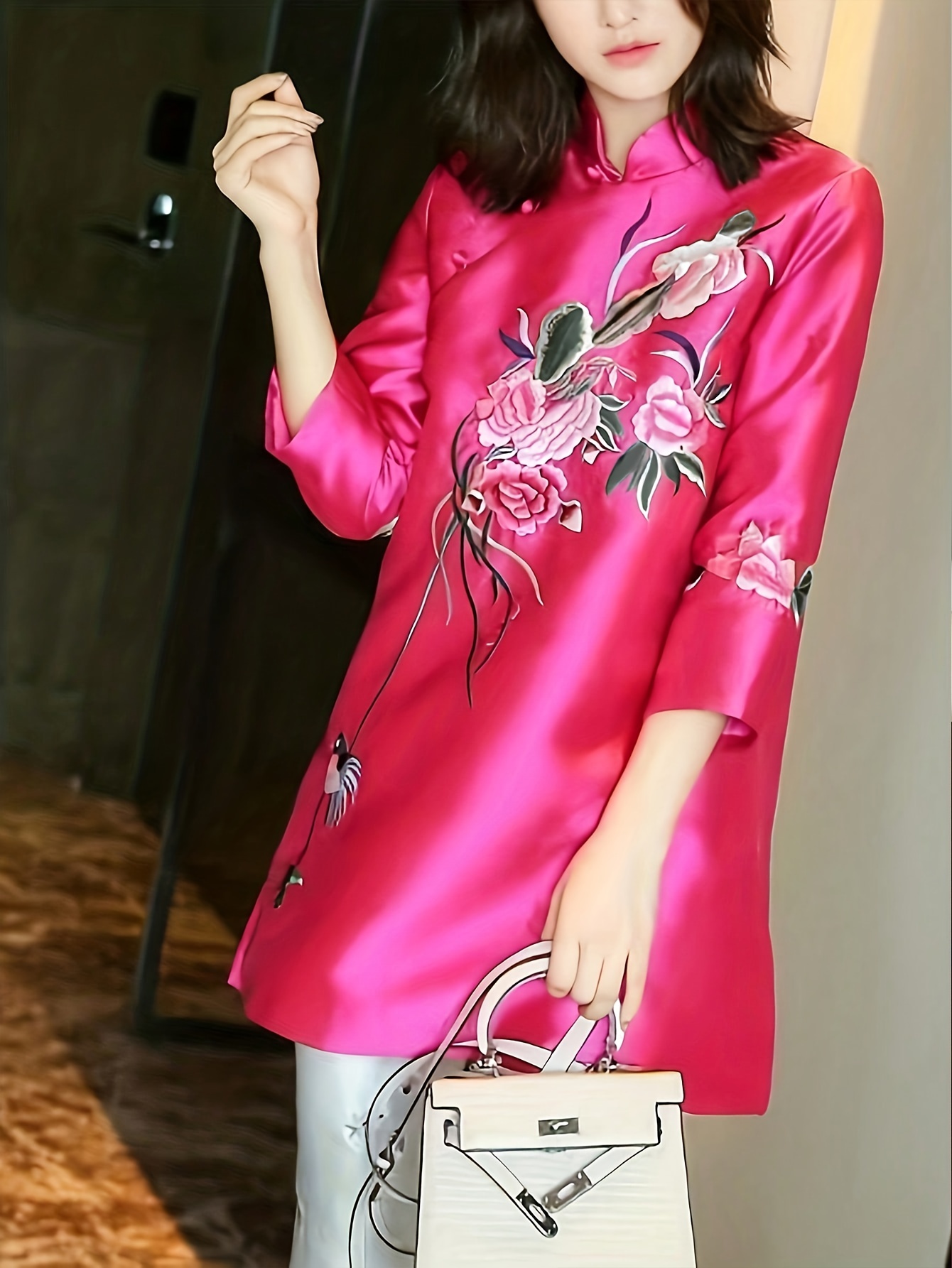 Women Chinese Silk Silk Shirt Dress