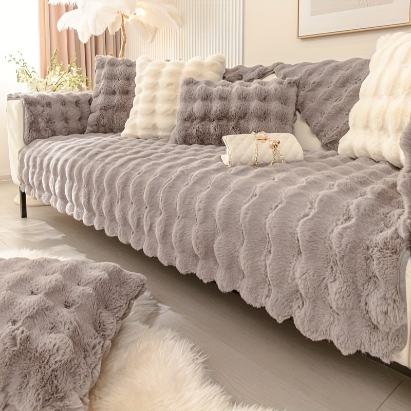 1pc Rabbit Fur Plush Sofa Cushion, Winter Thickened Non-slip Leather Sofa  Cover, New Style