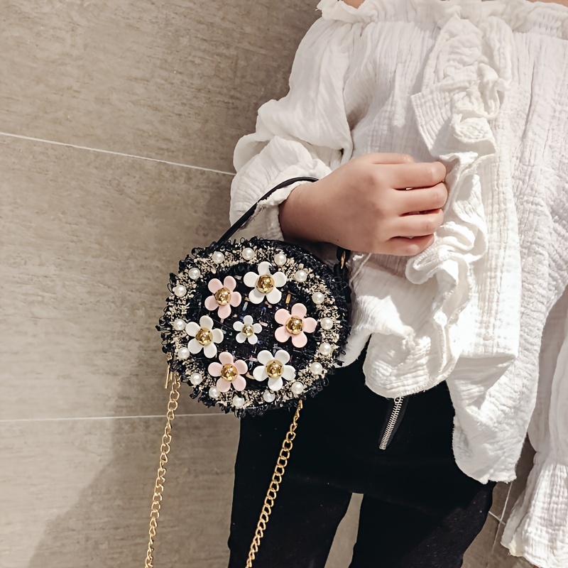 Fashion Small Purse for Little Girls Toddler Kids Cute Pearl Mini Messenger  Bag, black