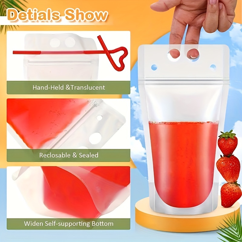 50pcs Drink Pouches for Adults,Reusable Ziplock Bags with Reusable Straws for Alcohol Drink Freezable Hand-Held Juice Container for Cold & Hot
