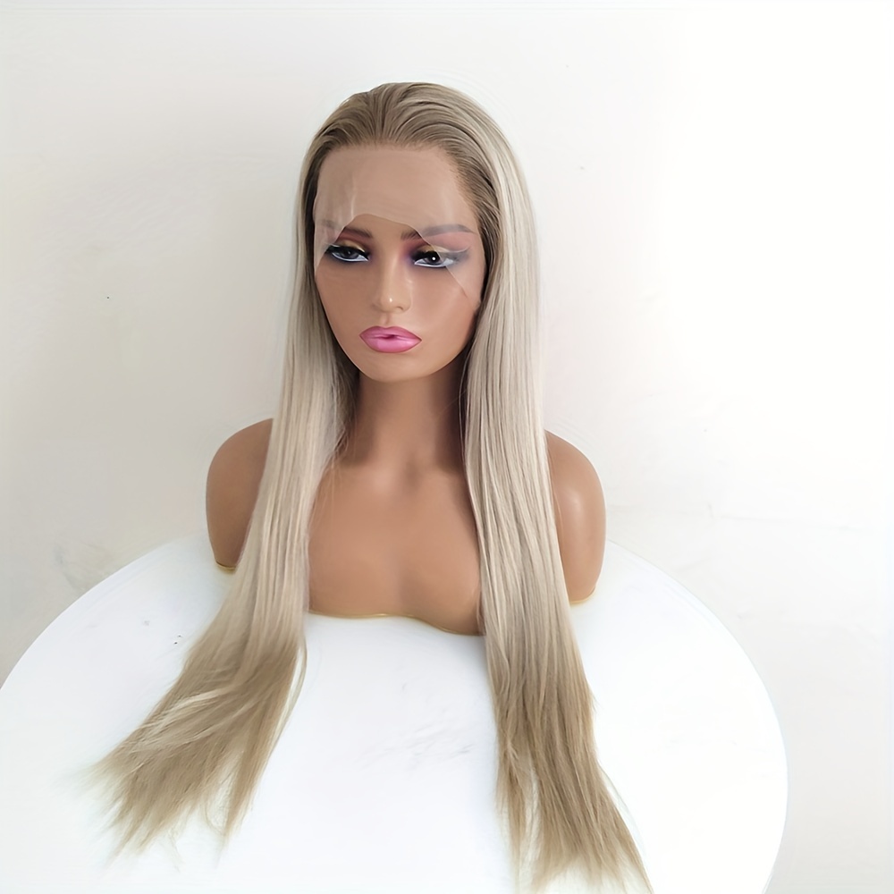 Ombre Ash Blonde Straight Synthetic Hair Lace Front Wig For Women Heat Resistant Lace Wigs Natural Look