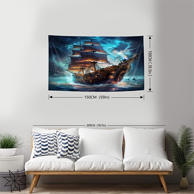Ocean Landscape Pirate Ship Sailboat Tapestry Polyester - Temu