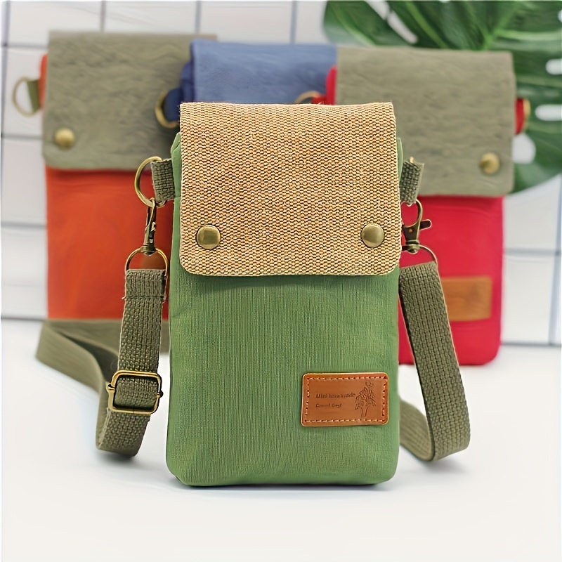 

Retro Canvas Mobile Phone Bag, Casual Mini Crossbody Bag, Color Contrast Flap Coin Purse