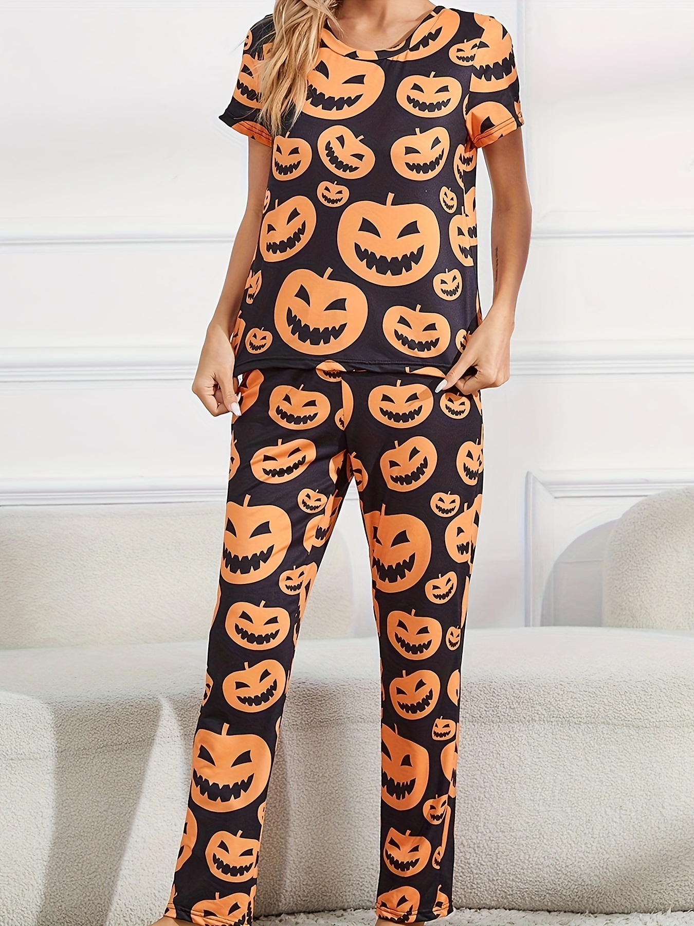 Plus Size Halloween Casual Pajama Set Women's Plus Pumpkin - Temu Canada