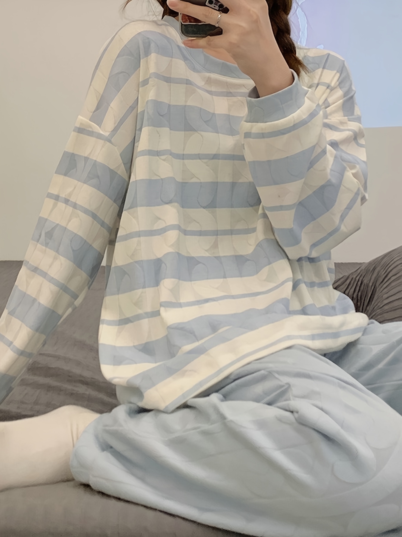 Women's Sleepwear Striped Print Comfortable Long Sleeve - Temu