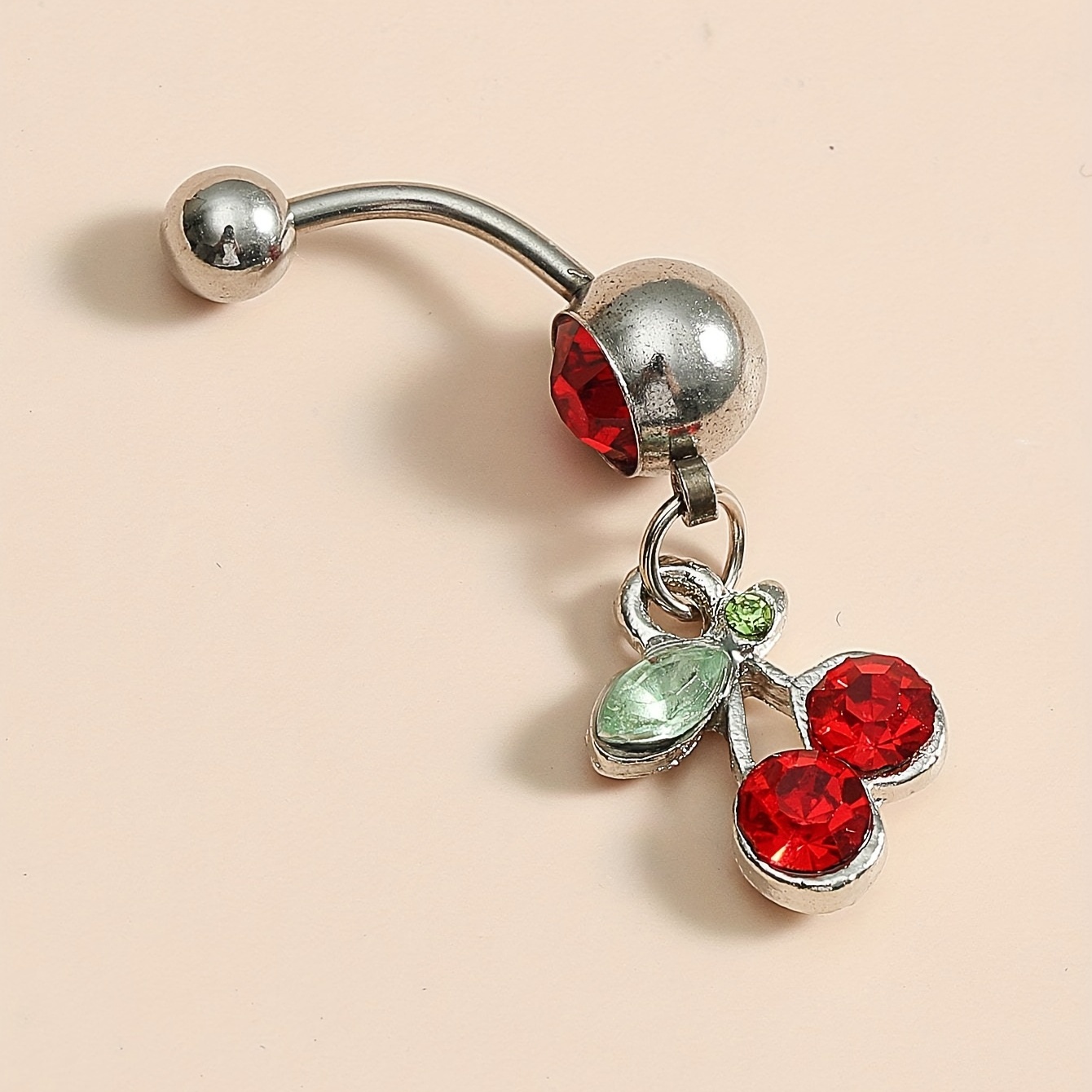 Cherry Rhinestone Stainless Steel Navel Ring Belly Button Ring