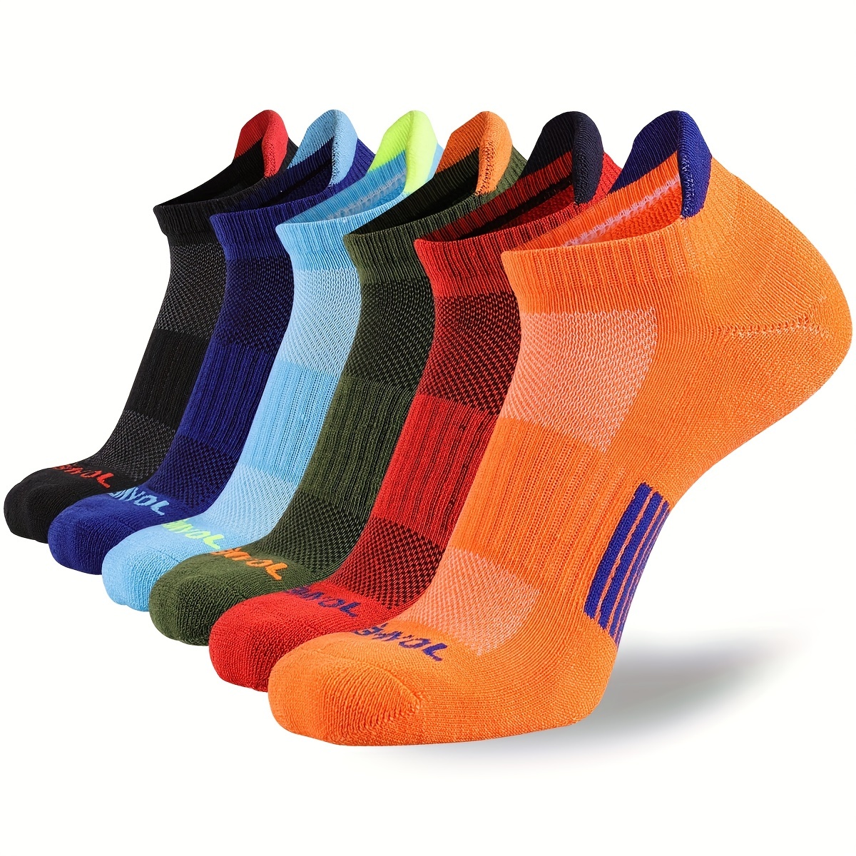 

6pairs Men's Letter Print Striped Color Block Breathable Cushioned Comfortable Sports Ankle Socks With Heel Guard, Multicolor Set