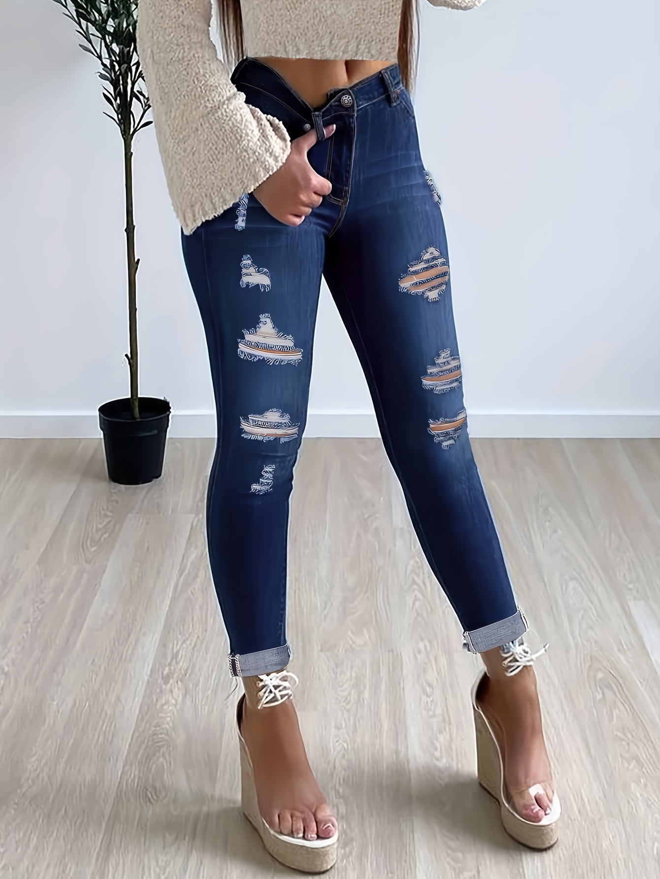 Blue Ripped Holes Skinny Jeans Slim Fit Slash Pockets Slight - Temu Japan