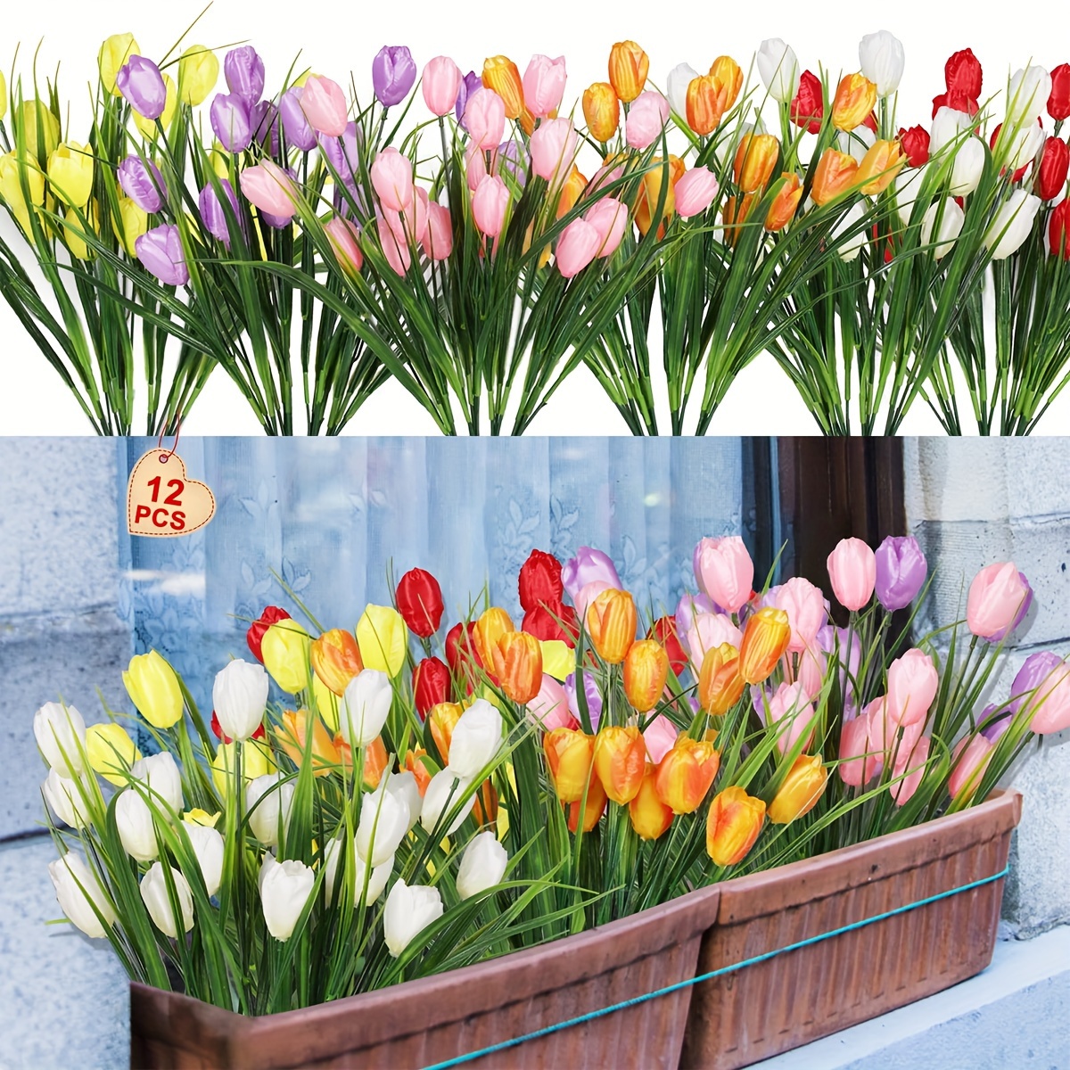 

12 Bundles Artificial Tulips Outdoor Fake Tulips Flowers Mixed Colors Real Feel Flowers Greenery Plants For Home Windowbox Porch Garden Farmhouse Barn Decor