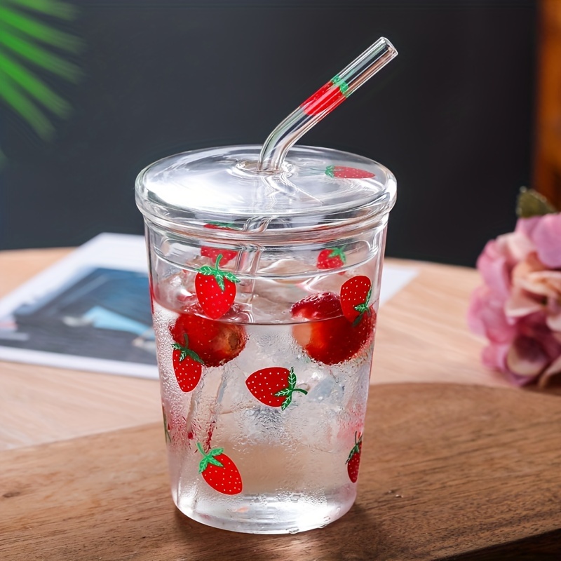 Glass Water Cup Strawberry Clear Tumbler With Lid And Straw - Temu