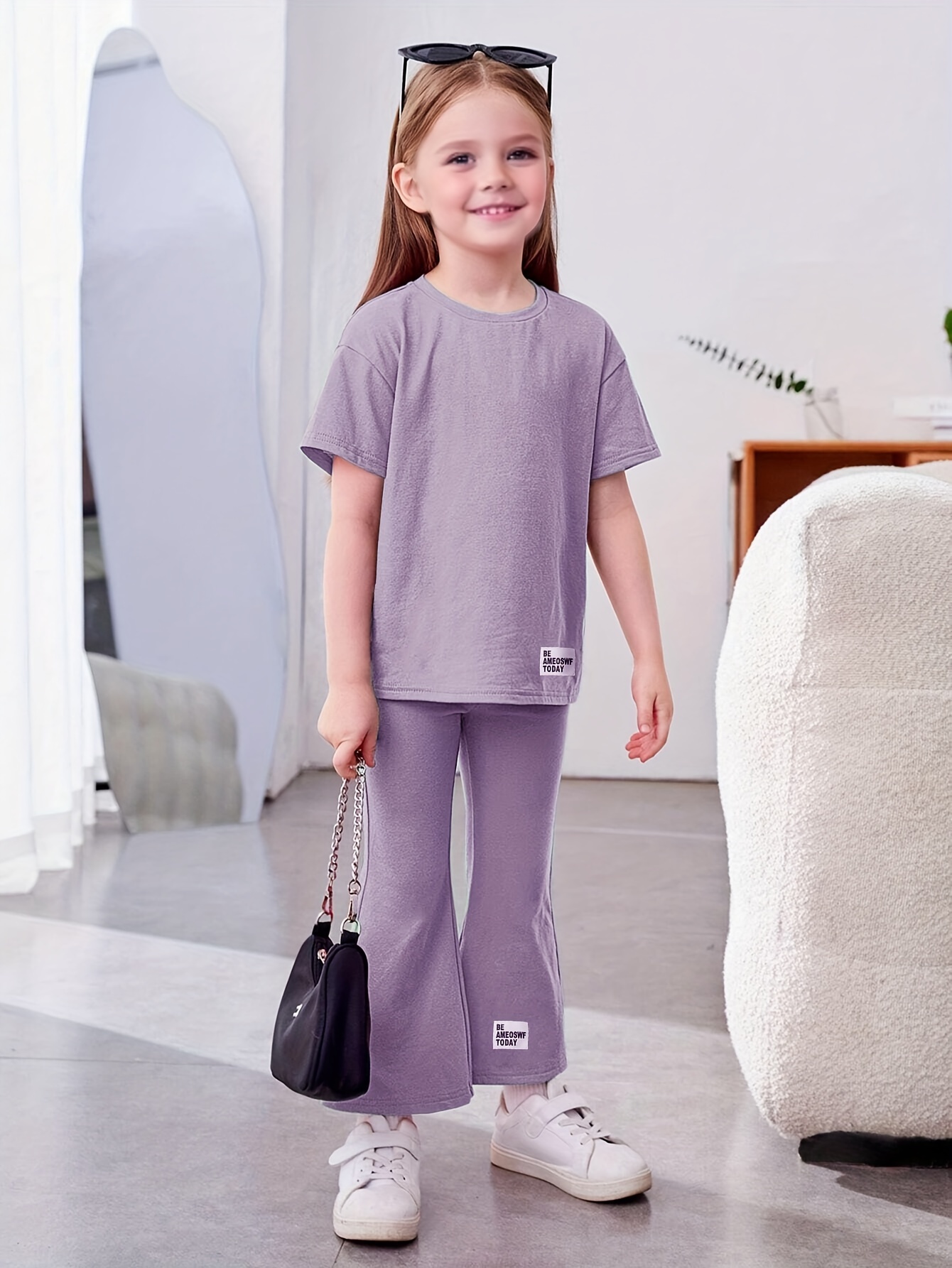 New Girls Solid Color T Shirt Flared Trousers Short Sleeve Suit