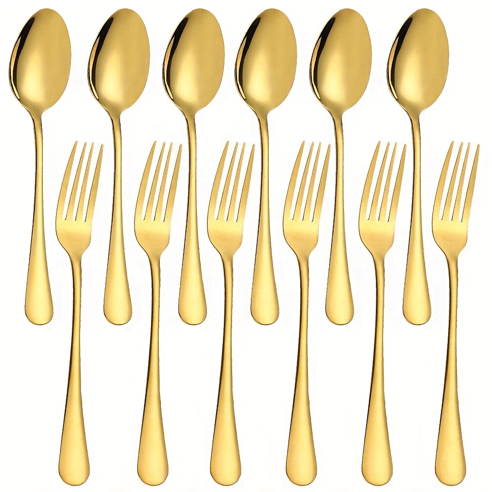 

Set Of 12, Golden Stainless Steel Dinner Forks And Spoons, Heavy Duty Fork (6.8in) And Spoon (6.9in) Cutlery Set - Golden For Restaurants Eid Al-adha Mubarak