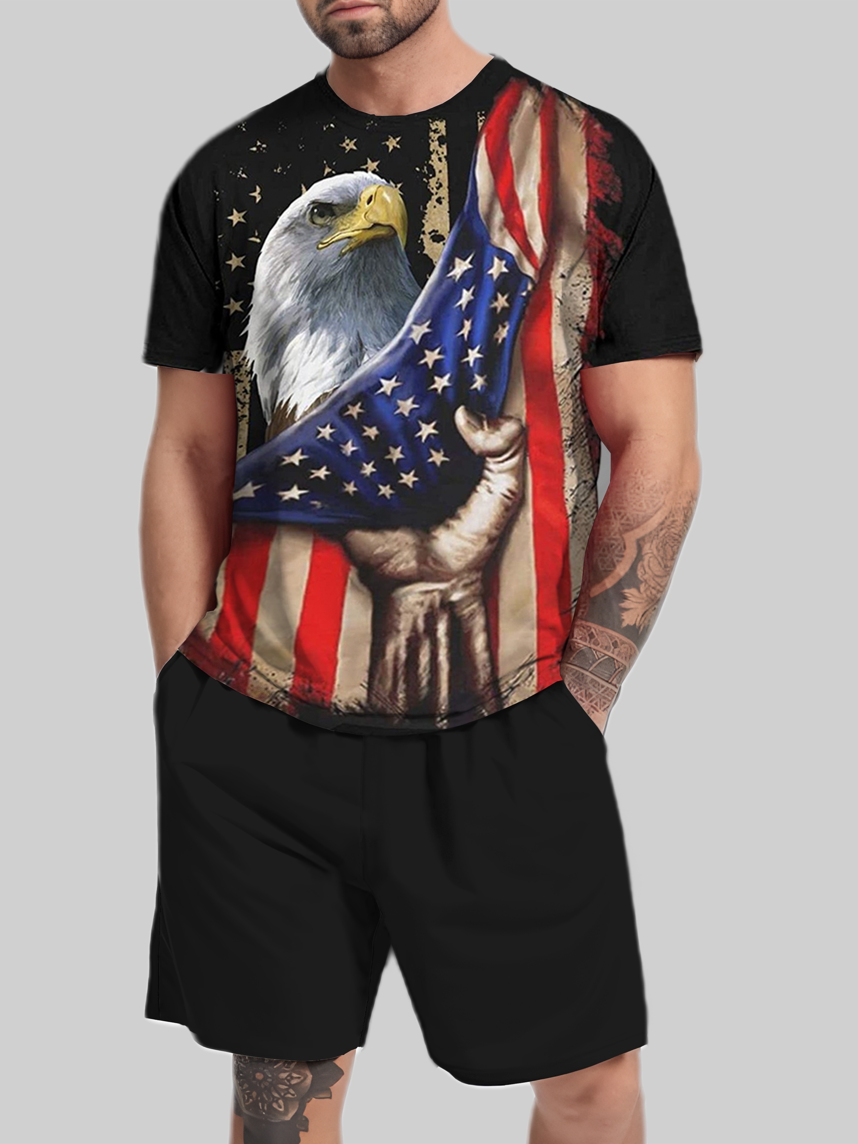 Men's Bald Eagle Us Flag Print Shorts Pockets Casual Elastic - Temu