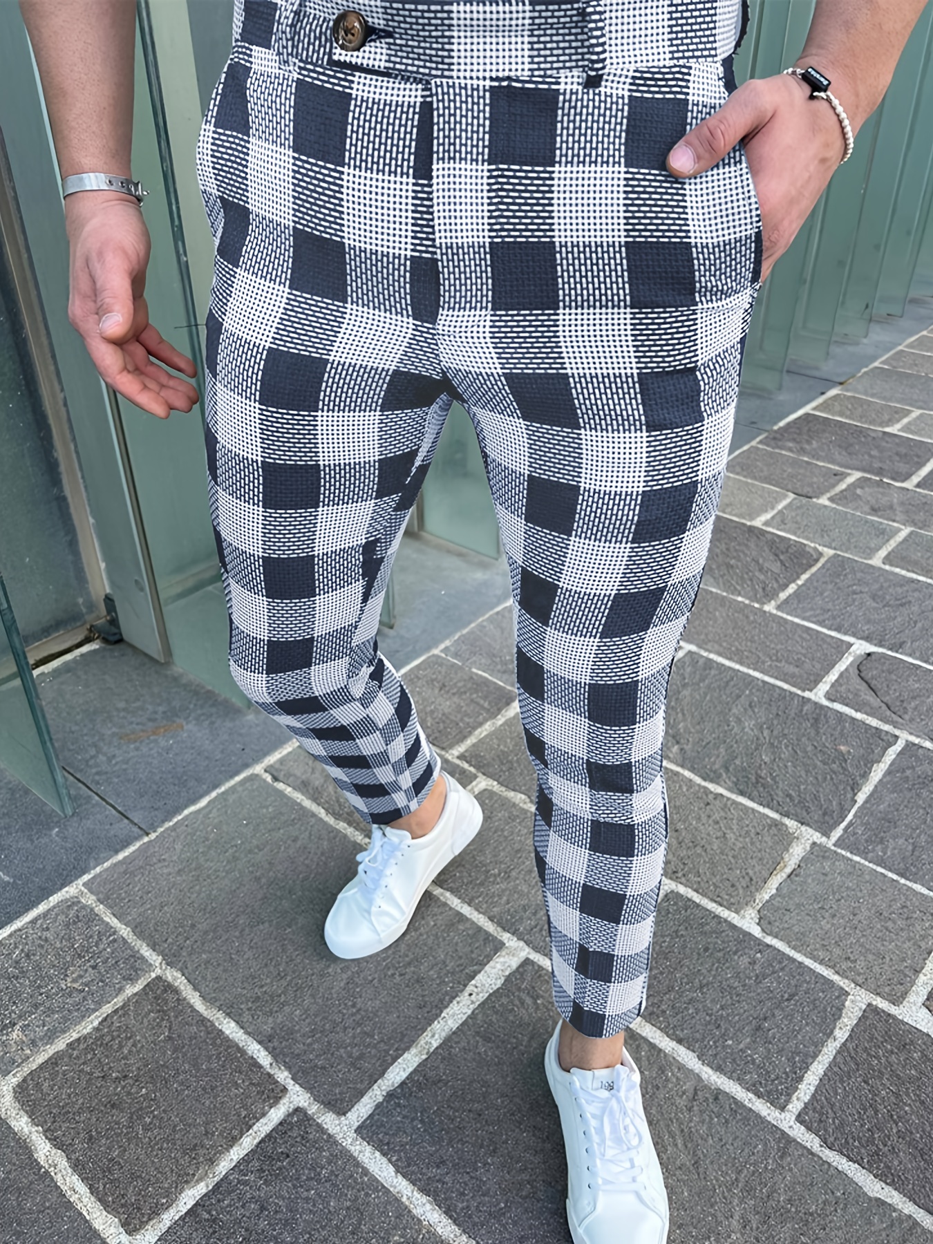 Men's Plaid Flat-Front Stretch Pants Mens Lightweight Dress Pants Relaxed  Fit with Pockets Slim Fit Pants Men