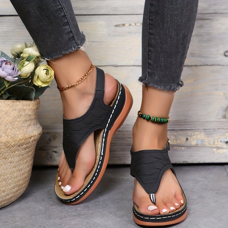 Women's Black Thong Sandals Hook Loop Flat Sandals Solid - Temu
