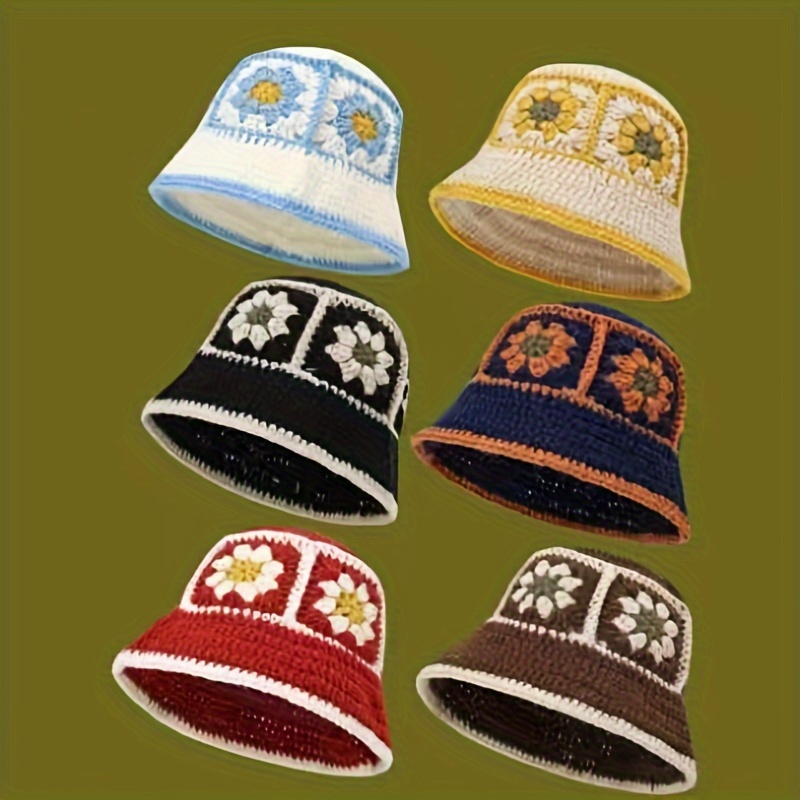 Boho Crochet Bucket Hat Vintage Color Block Basin Hats - Temu