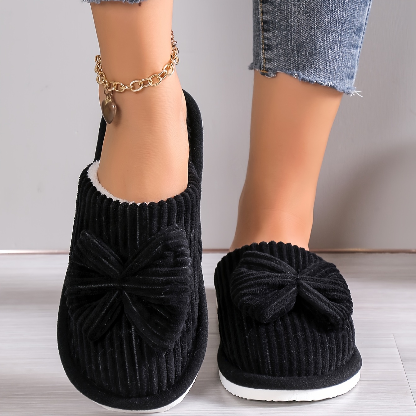 TEMU Cute Bowknot Soft Sole Fuzzy Slippers, Winter Cozy & Warm Slip On Plush Shoes, Comfy Closed Toe Home Slippers