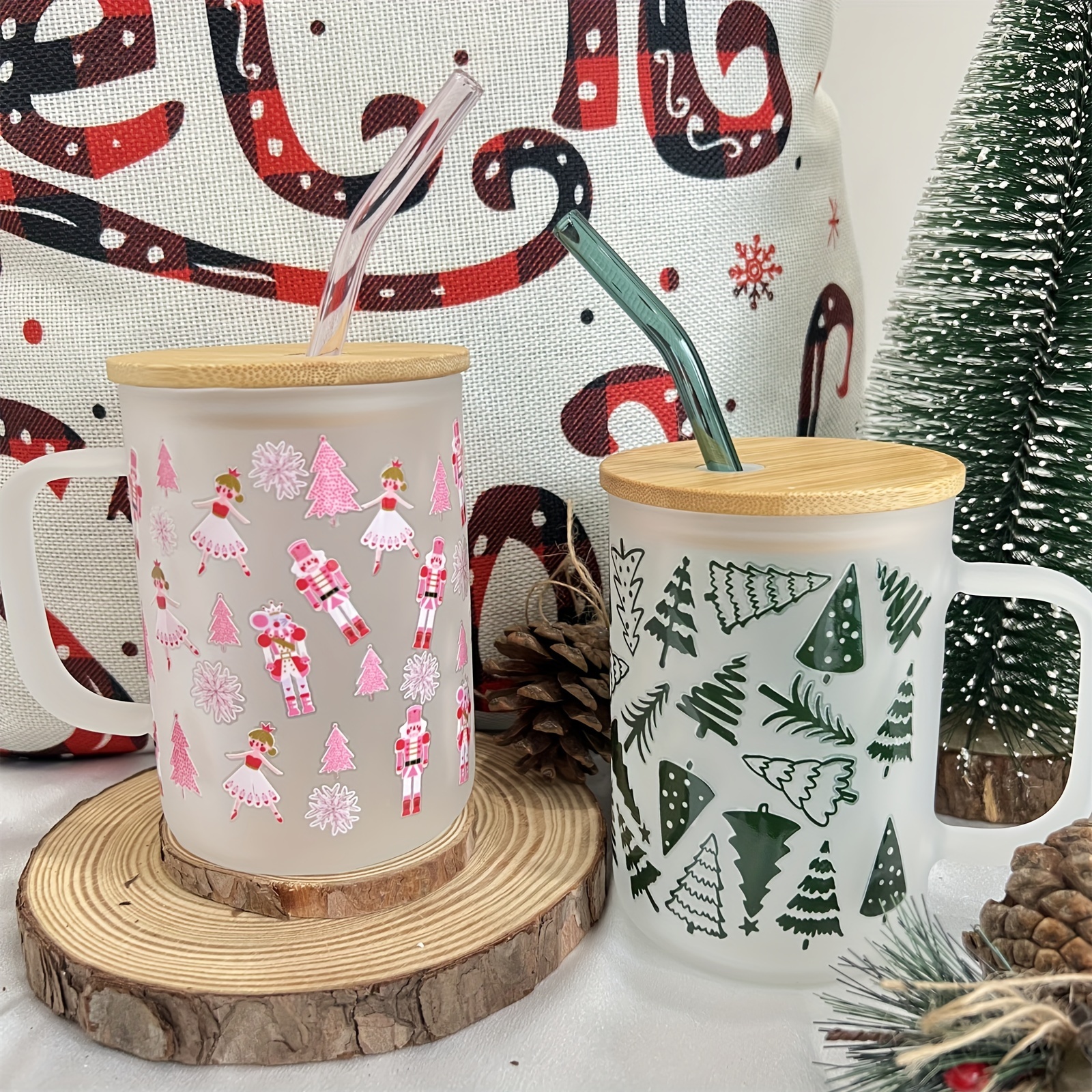 Floral Glass Coffee Cup, Garden Glass Iced Coffee Cup with Bamboo