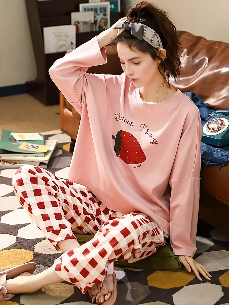 Cute Pajamas Set Strawberry Print Long sleeve Pajama Top - Temu