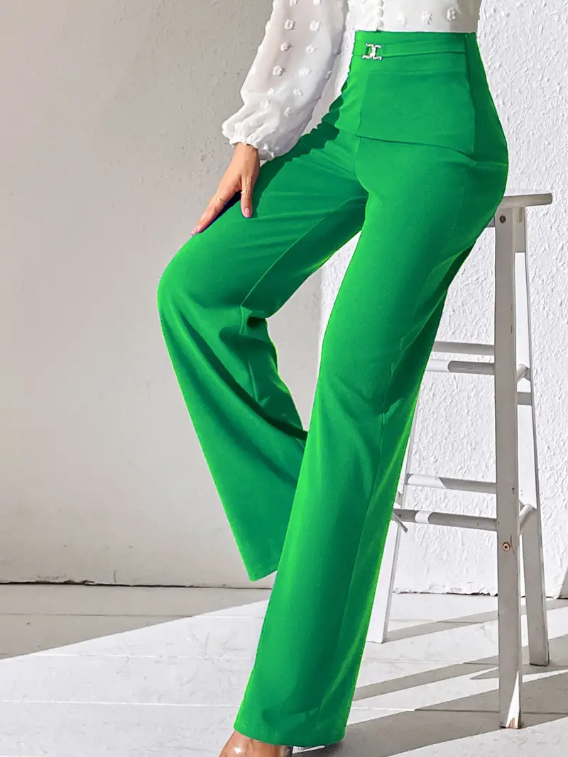FAIWAD Women's Elegant High Waist Pants with Belt Straight Leg Work Office Suit  Trousers (Medium, Green) 