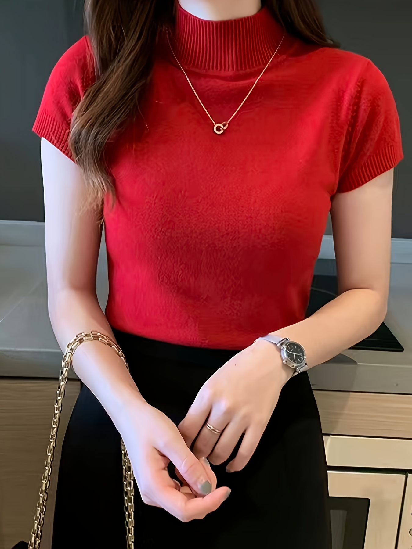 New Style Knitted Versatile Design Half-High Collar Short Sleeve Thin Pullover