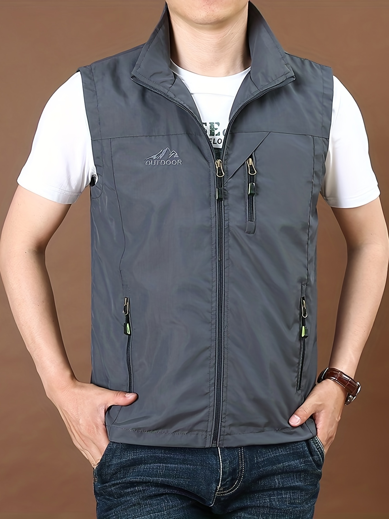 Zipper Pockets Cargo Vest Men's Casual Stand Collar Zip Vest - Temu