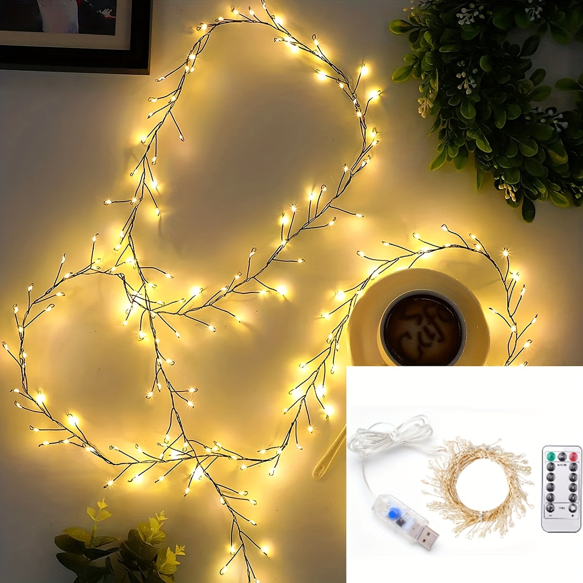 1pc LED リモコンおとぎ話銅線ストリングライト、USB クリスマスライト防水 LED ワイヤーライト点滅ライト爆竹ライト LED  リースライトクリスマスライト (ウォームホワイト)
