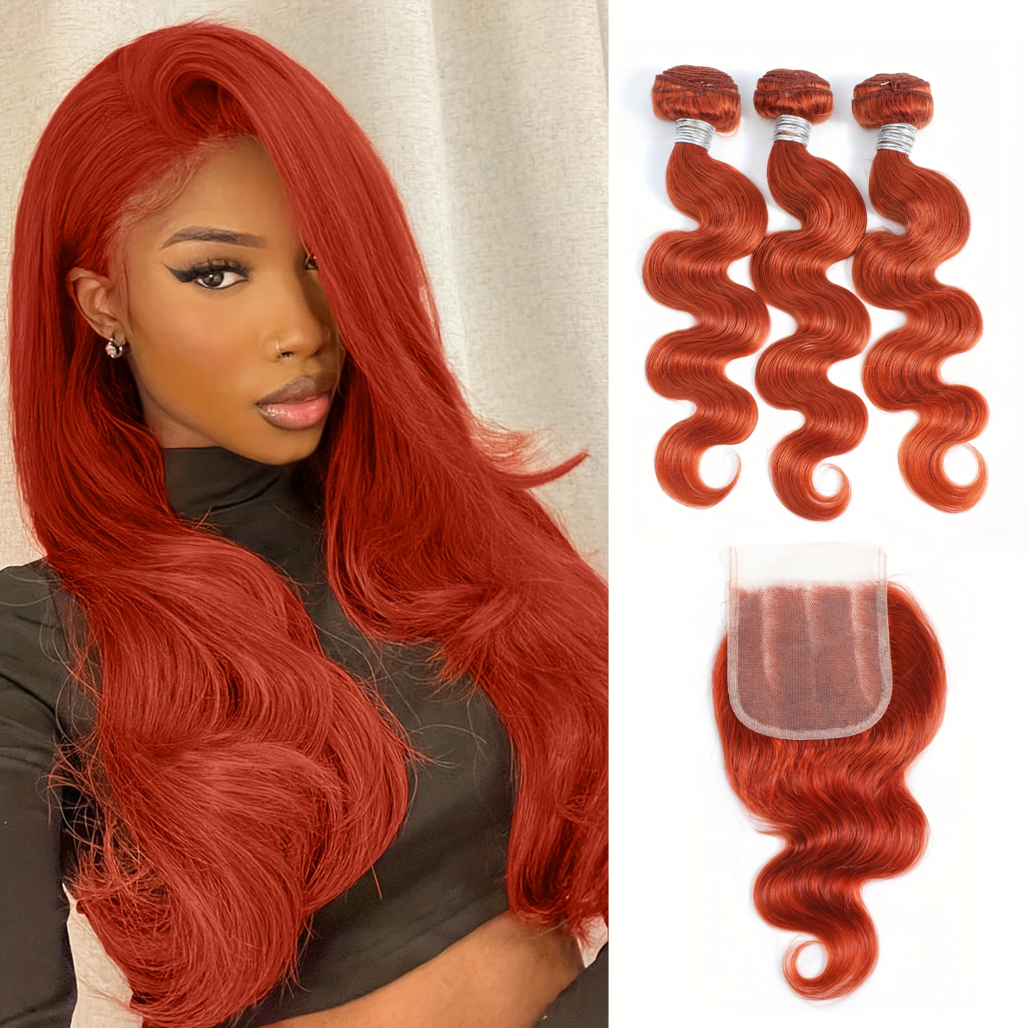 Ginger Packet Human Hair Body Wave 3 Bundles 1 4x4 Free Temu