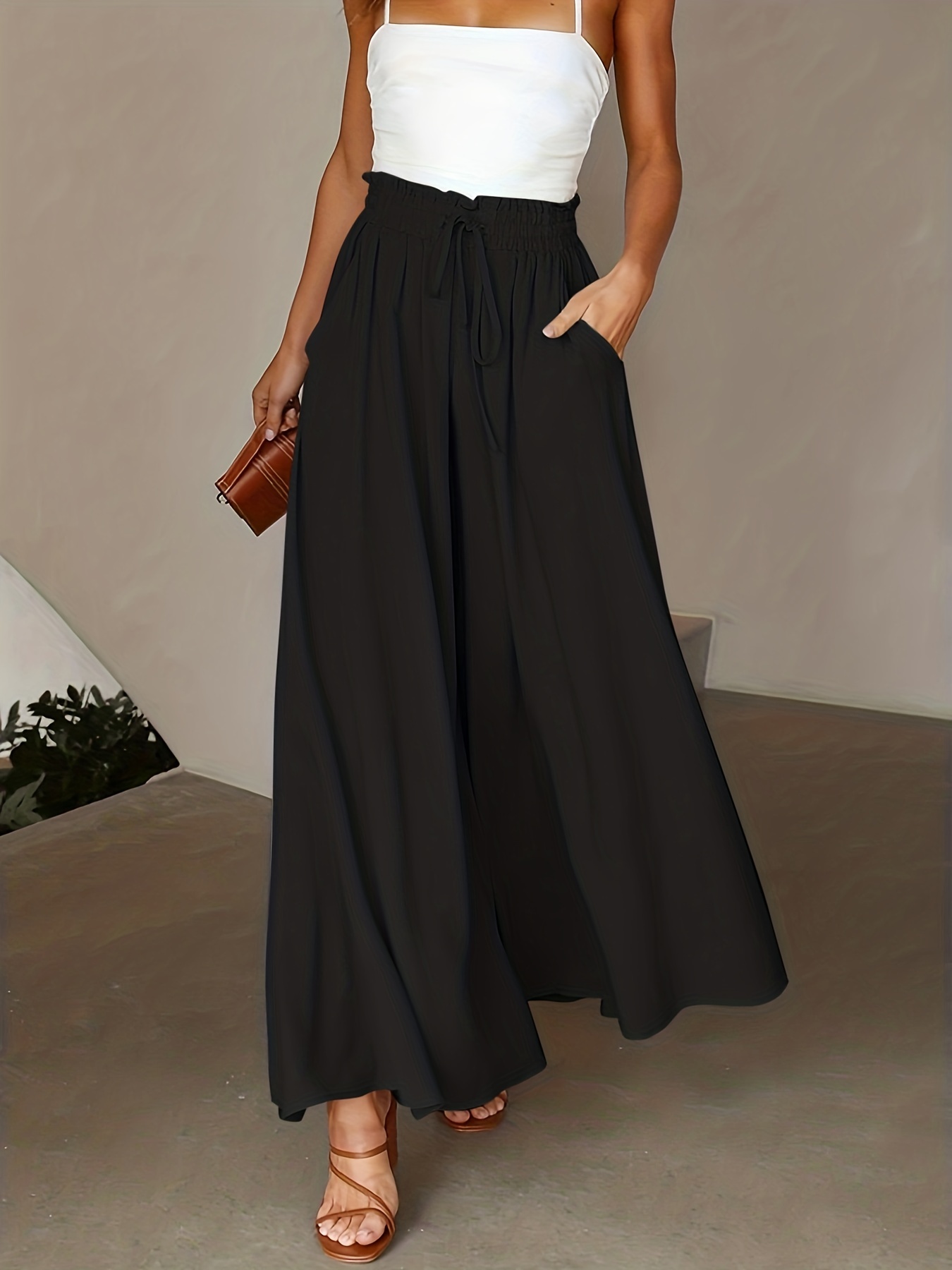 Solid Ruched Pants Casual High Waist Long Length Loose - Temu Canada