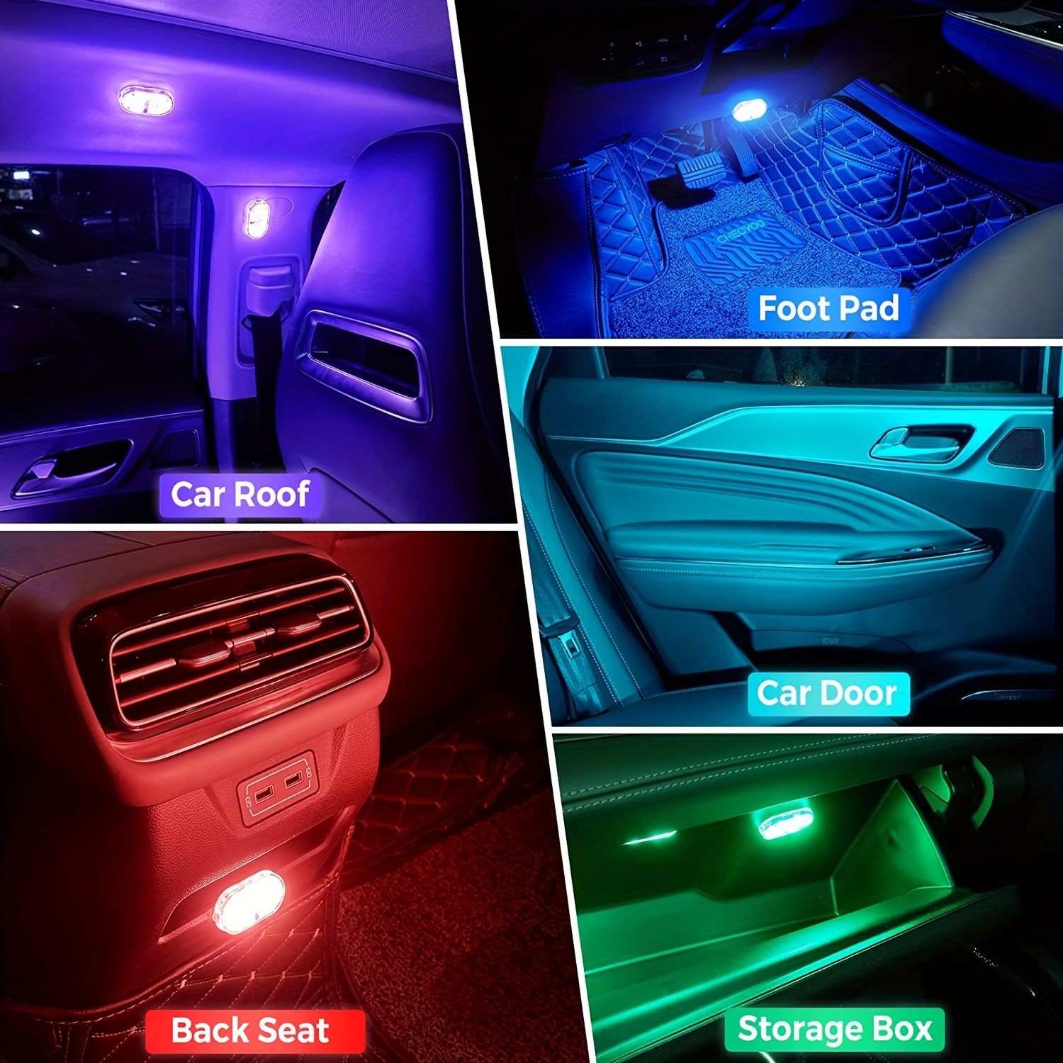  Teguangmei Car Interior Ambient Lights,4Pcs 12LED USB Plug-in  RGB Multicolor Star Atmosphere Lights for Car Carpets Under Dash LED Accent  Lighting Kit with Sound Active and Remote Control DC 5V 