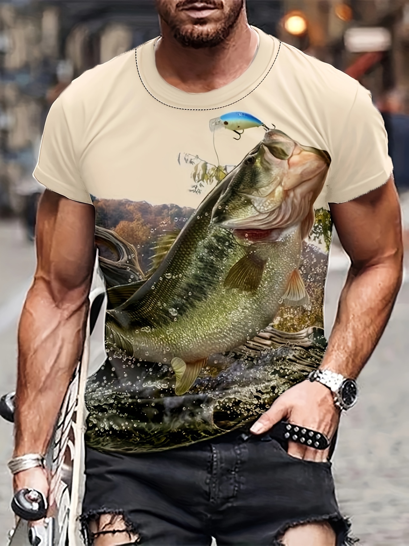 Men's Stylish Fish Pattern Shirt Casual Breathable Crew Neck - Temu