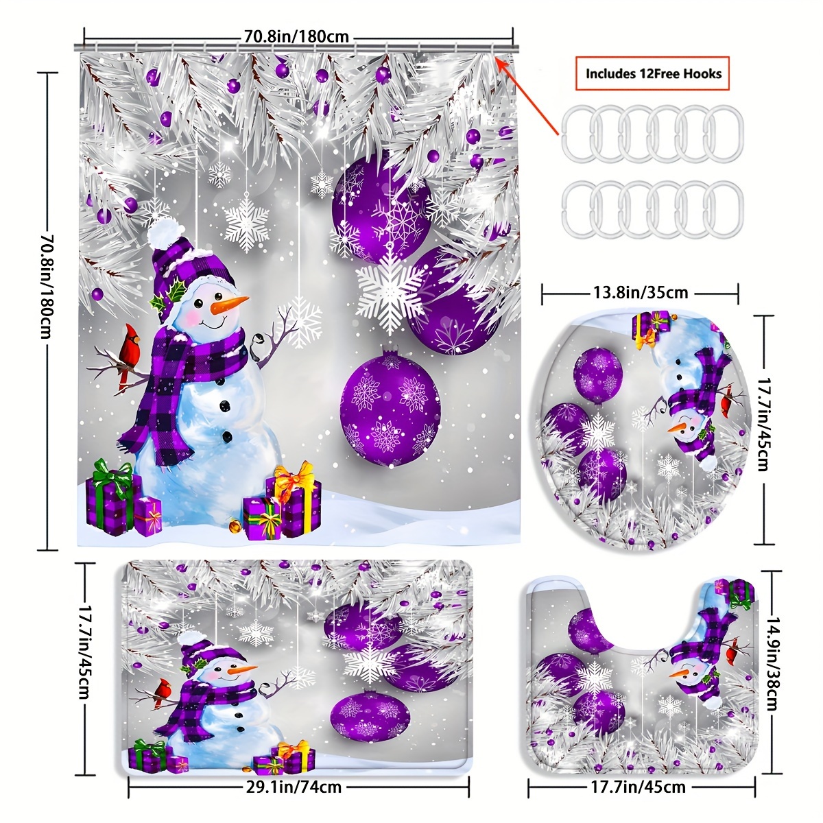 1/4pcs Purple Snowman Shower Curtain Set, Decorative Bathroom Set Including  Water-resistant Shower Curtain, Non-Slip Carpet, Toilet Cover, Bath Mat An