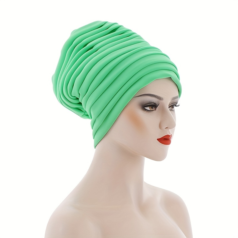Layered Pleated Turban Cap Elastic Head Wrap Solid Ramadan Head Scarf