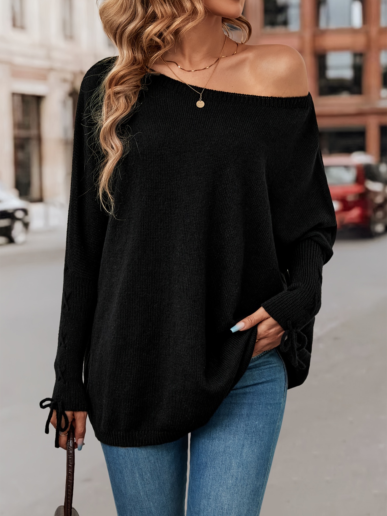 Solid Crew Neck Contrast Lace Pullover Sweater, Casual Long Sleeve Sweater  For Spring & Winter, Women's Clothing