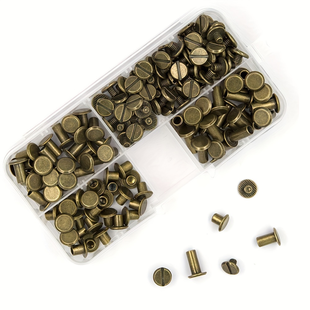 

75 Sets Screws Assorted Kit 3 Sizes Bronze Leather Rivets 1/4 3/8 1/2 Screw Rivets Flat Fillister Book Binding Posts Nail Rivet Bolts For Diy Leather Craft