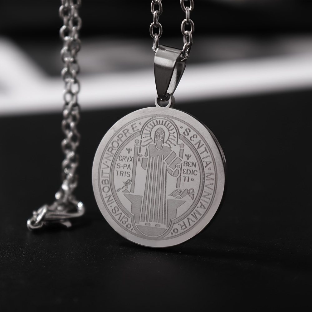 1pc Hip Hop Circle Pendant Necklace Men's Stainless Steel Saint Benedict  Medal Pendant Necklace