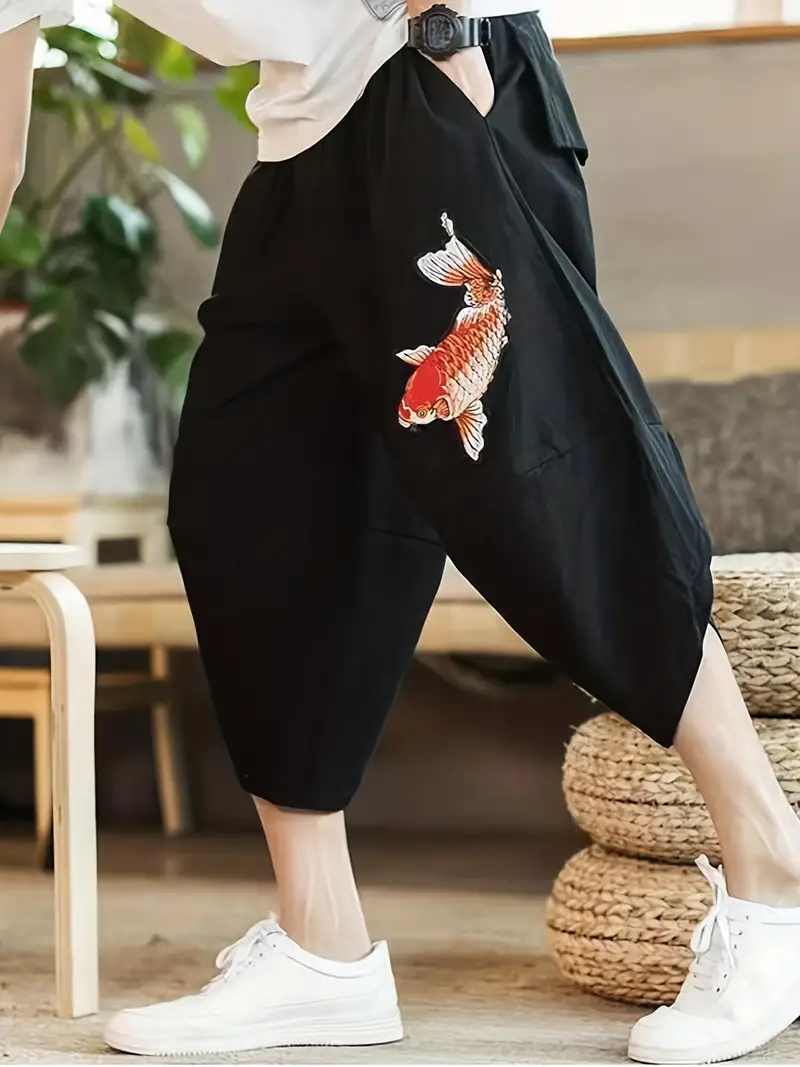 Koi Fish Print, Men's Harem Capri Pants, Cotton Blend Baggy Pants,  Loungewear For Yoga