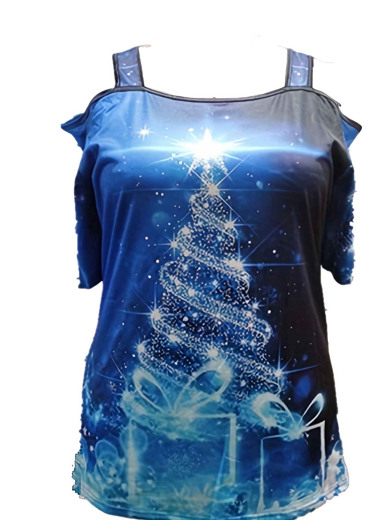 Plus Size Christmas T-shirt, Women's Plus Glitter Christmas Tree Print Cold  Shoulder Cut Out Half Sleeve Tee