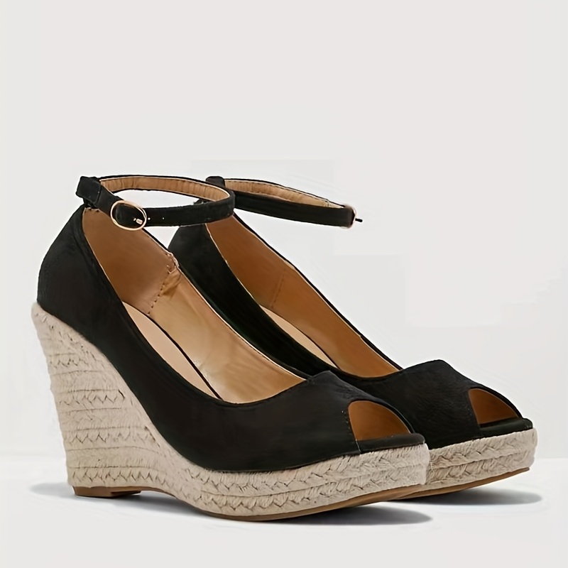 Peep Toe Ankle Strap Wedge Sandals High Heels Comfy Micro Suede