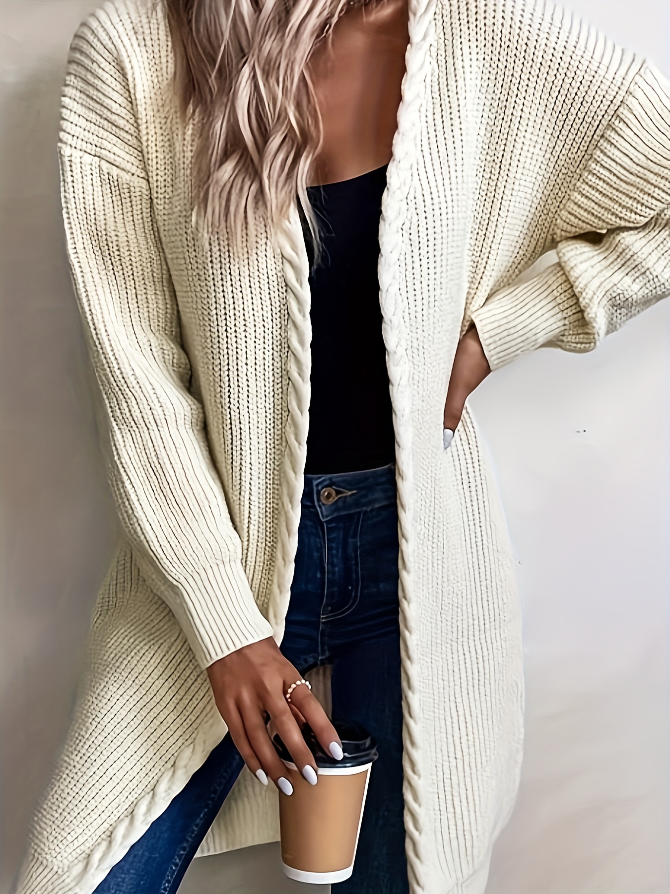 Solid Open Front Cable Knit Cardigan Casual Long Sleeve - Temu Canada