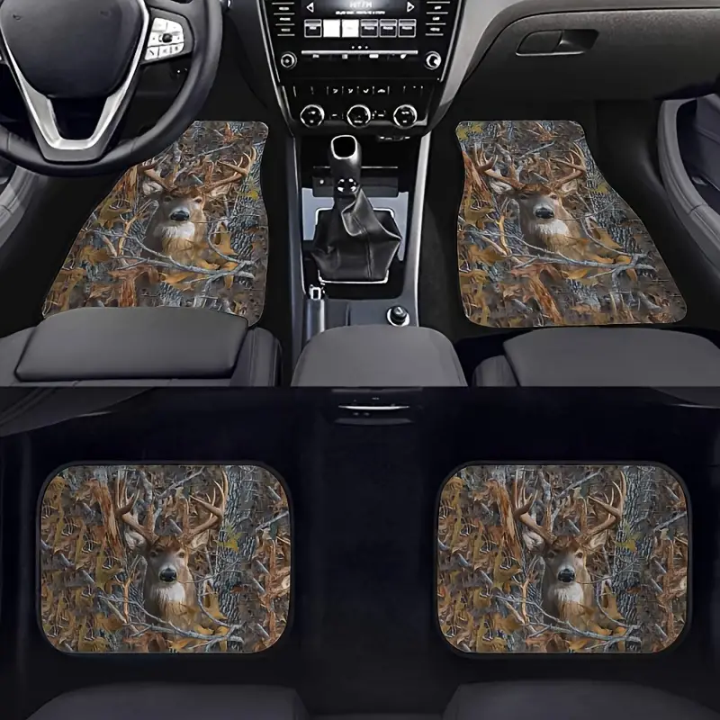 Camo Hunting Deer Printed Car Floor Mats, Non-slip Base Car Mats