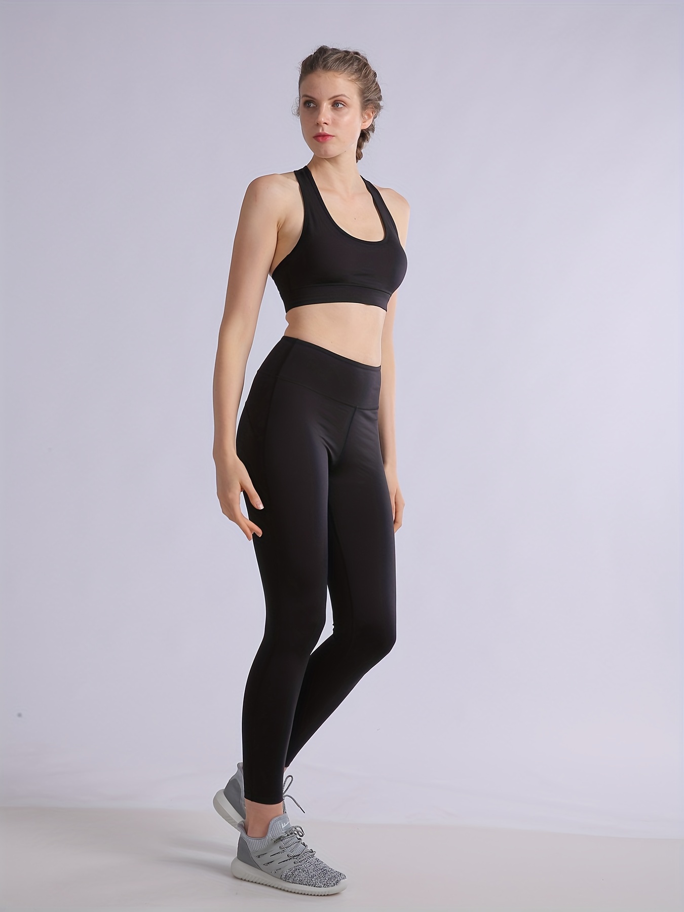 2pcs Solid Yoga Sports Bra & Leggings Set Women's Activewear
