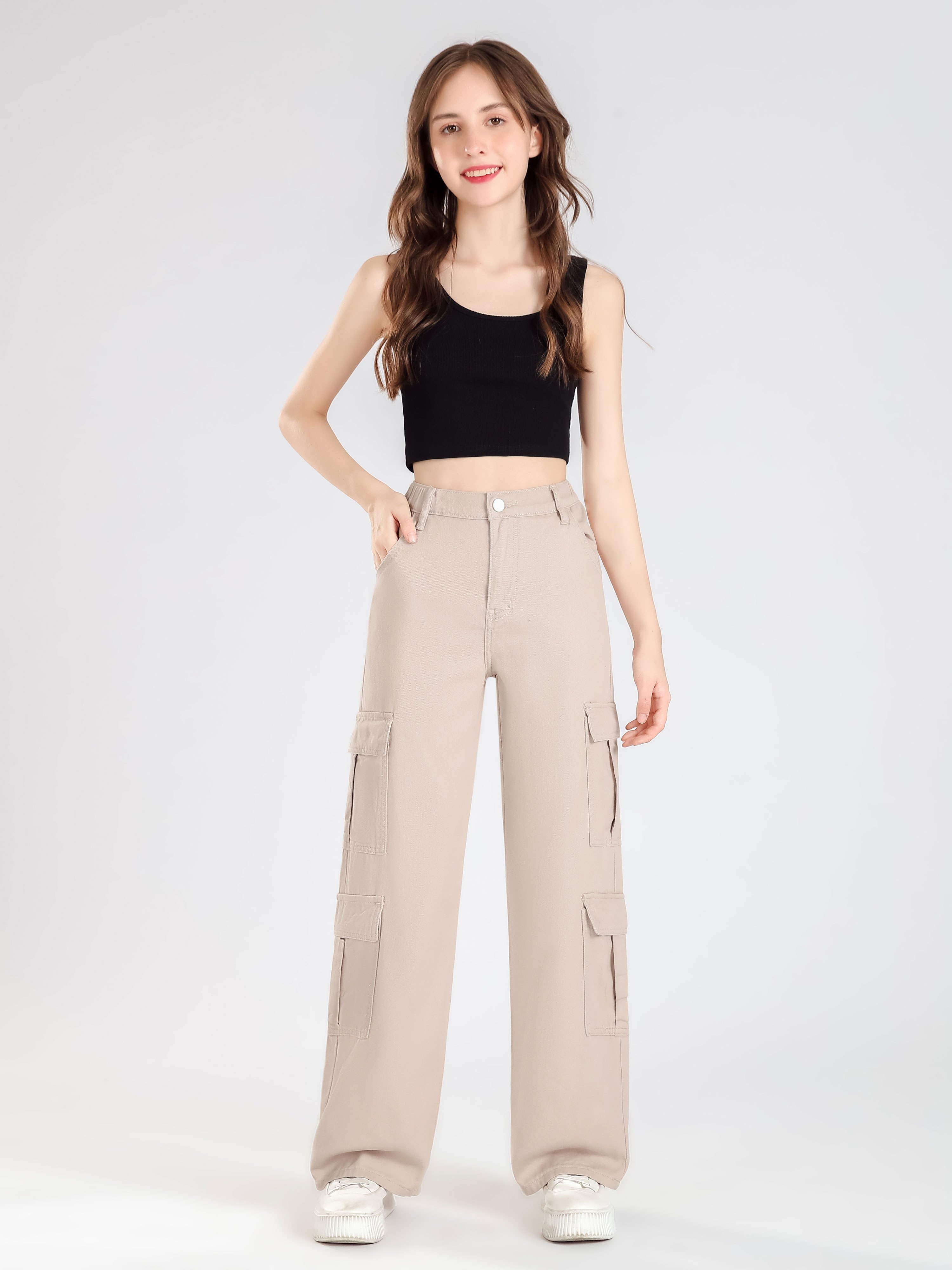 Tween Girl Solid Cargo Pants Functional Pockets Elastic - Temu