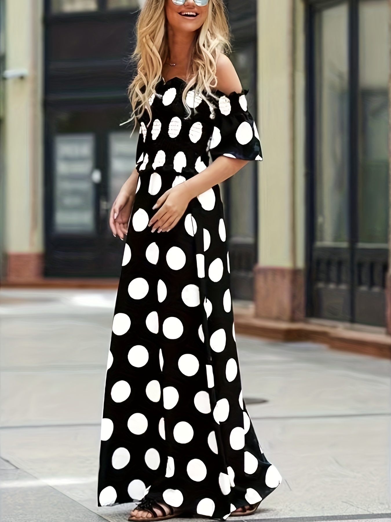 Polka Dot Print Shirred Dress Casual Shoulder Short Sleeve - Temu