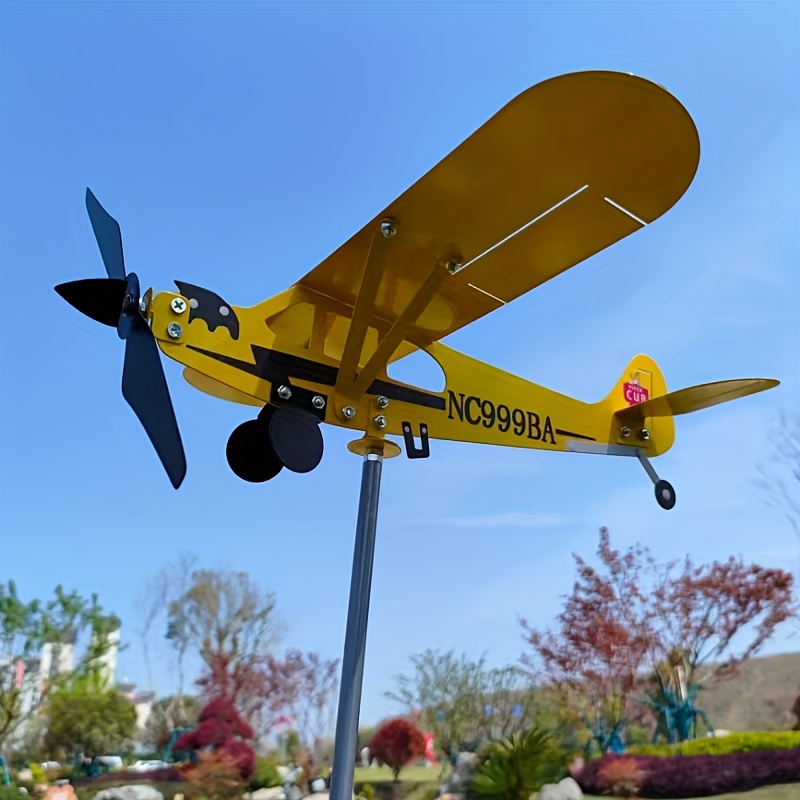 

1pc Vintage Style Yellow Metal Airplane Weathervane, Outdoor Garden Stake, Decorative Wind Direction Indicator With Retro Cub Design