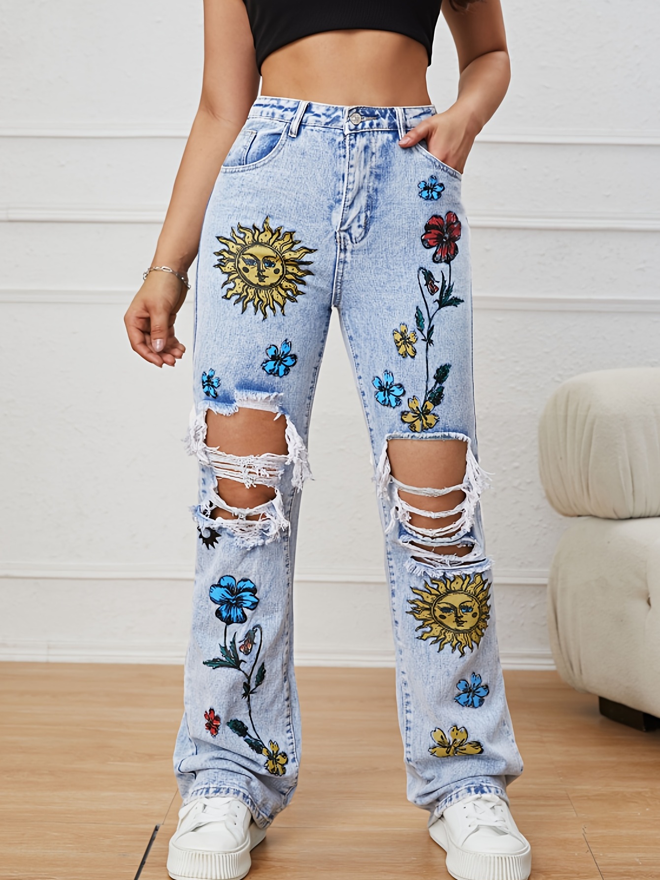 Carnaval Floral Print Ripped Straight Jeans Loose Fit High - Temu