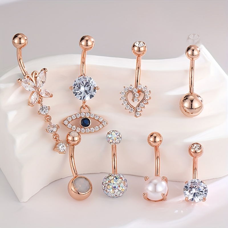 8pc Rose Golden Love Heart Devil's Eye Belly Button Ring Set